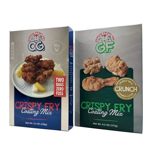 Side-by-side view of Goyeo Foods Original Goodness and Gluten-Free Korean Crispy Fry Mix boxes