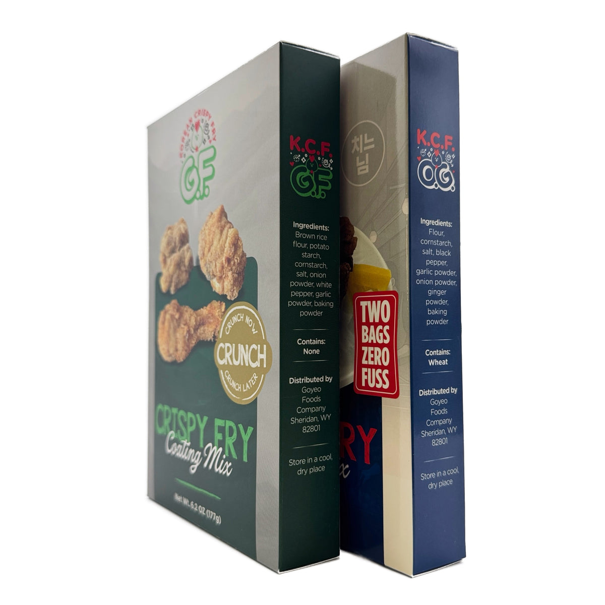 Goyeo Foods packaging comparison image showing ingredient and company information for Original and Gluten-Free mixes
