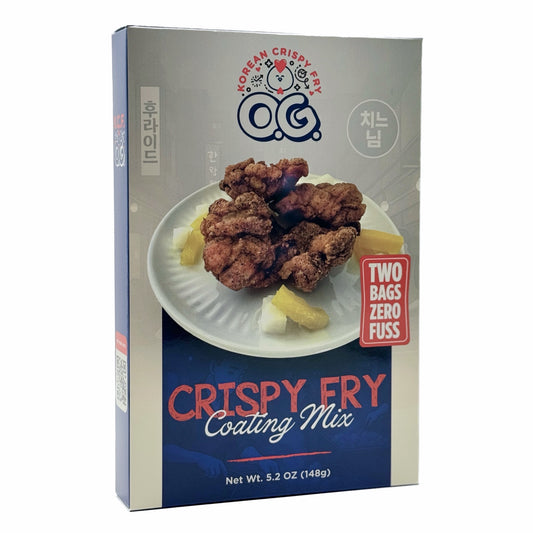 Box of Goyeo Foods Original Goodness Korean Crispy Fry Mix with plated fried chicken for serving inspiration