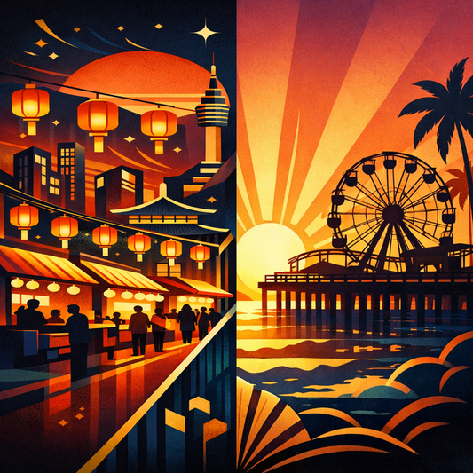 Illustrated Korean street market scene at night representing the cultural inspiration behind Goyeo Foods flavors