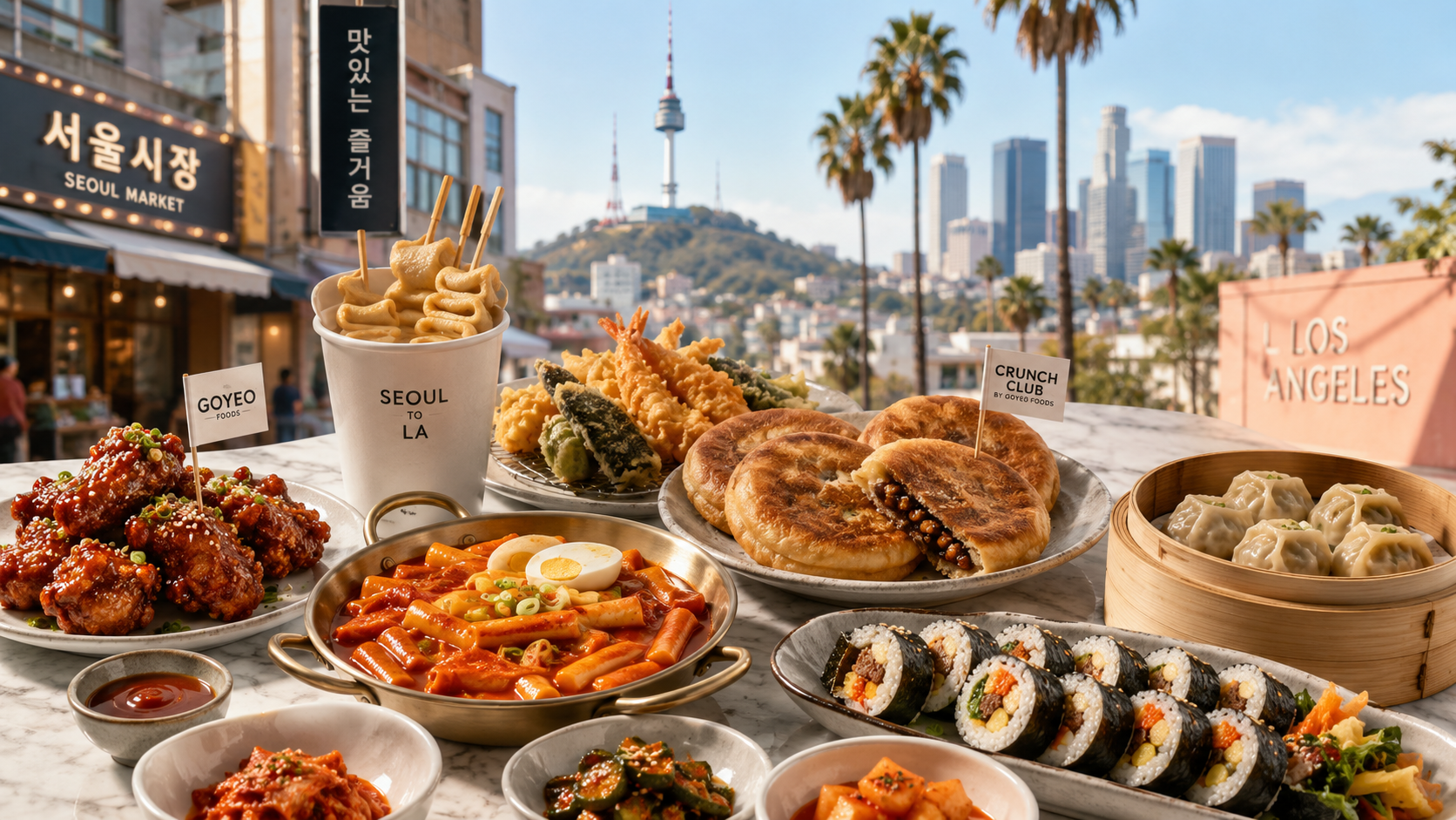 Premium Seoul-to-Los Angeles Crunch Club cover image featuring Korean street foods including tteokbokki, kimbap, mandu, hotteok, fish cake skewers, twigim, and Korean fried chicken, with Seoul market details, N Seoul Tower, Los Angeles palm trees, and a bright California skyline in the background.