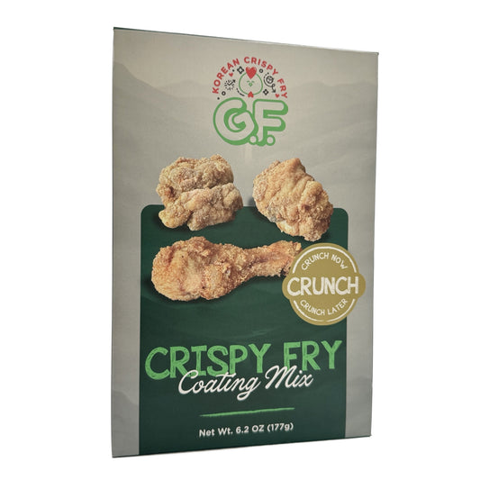 Goyeo Foods Gluten-Free Korean Crispy Fry Mix box with prepared fried chicken serving suggestion