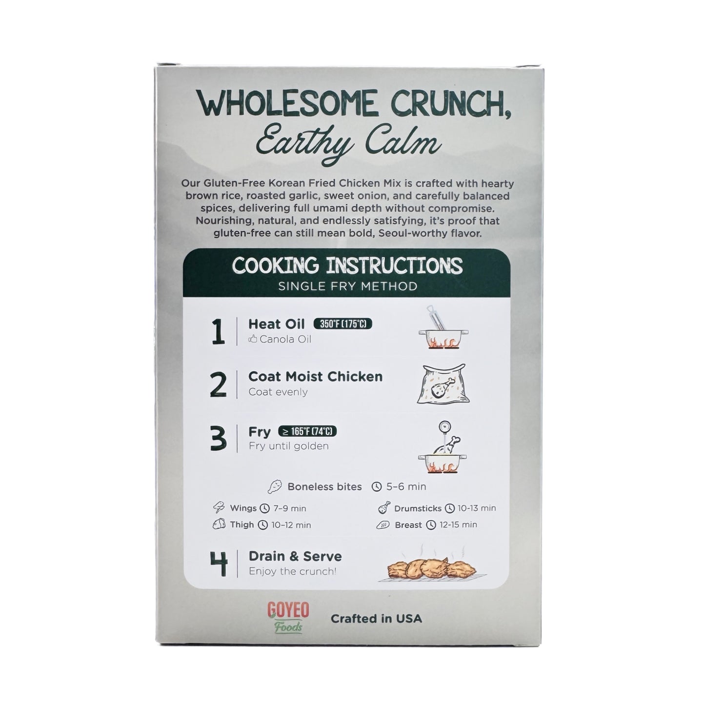 Back of Goyeo Foods Gluten-Free Korean Crispy Fry Mix box with cooking instructions and aspirational message
