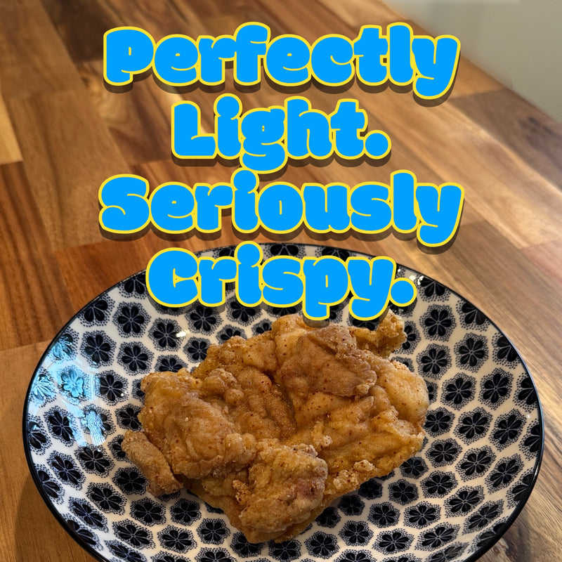 Korean crispy fried chicken hero image used in Goyeo Foods website promotional banner with Perfectly Light. Seriously crispy slogan