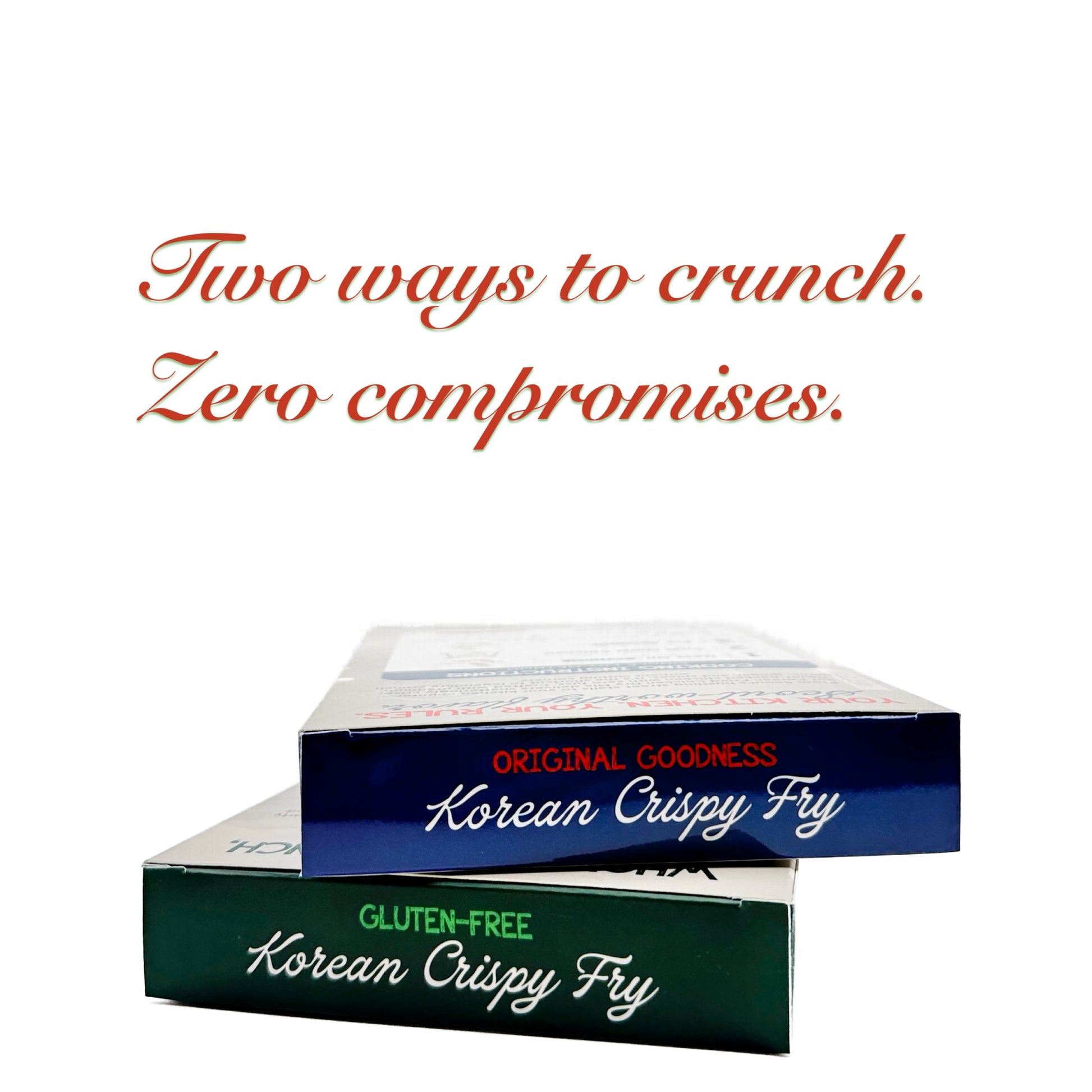 Stacked boxes of Goyeo Foods Original Goodness and Gluten-Free Korean Crispy Fry Mix shown from top view