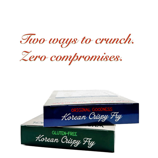 Stacked boxes of Goyeo Foods Original Goodness and Gluten-Free Korean Crispy Fry Mix shown from top view