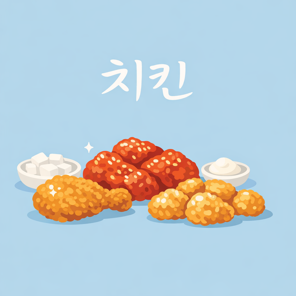 Illustrated Korean fried chicken on light blue background representing comfort food and approachable home cooking