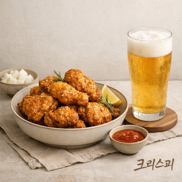 Korean fried chicken plated with drink and sides representing casual dining made with Goyeo Foods fry mix