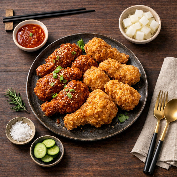 Close-up of crispy Korean fried chicken highlighting texture and golden crunch from Goyeo Foods fry mix