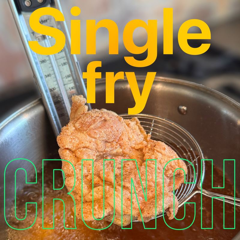 Single piece of extra-crispy Korean fried chicken highlighting crunch texture from Goyeo Foods fry mix